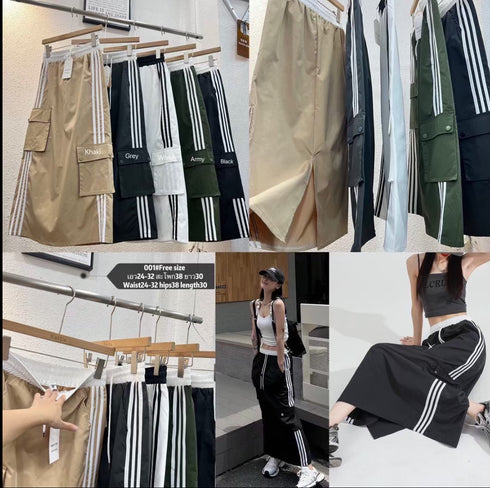 KELTIS Stripe Pocket Back Slit Long Skirts